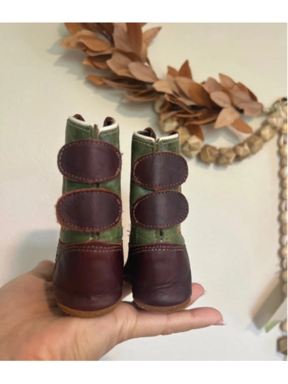 Old West Baby Western Cowboy Round Toe Boots Size 3 Brown and Green Leather